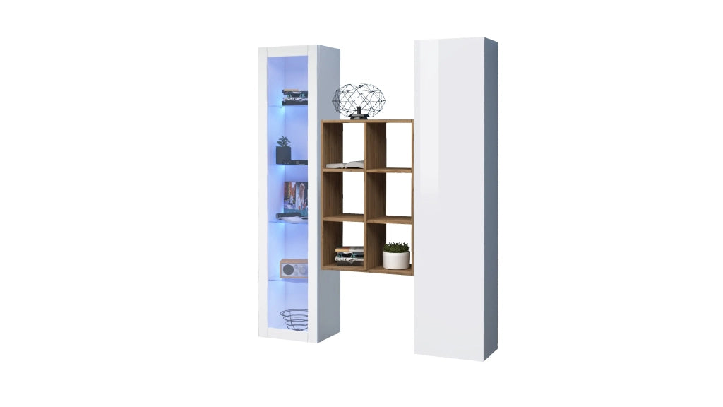 Parete attrezzata soggiorno bianca con vetrina libreria e armadio Teret WH