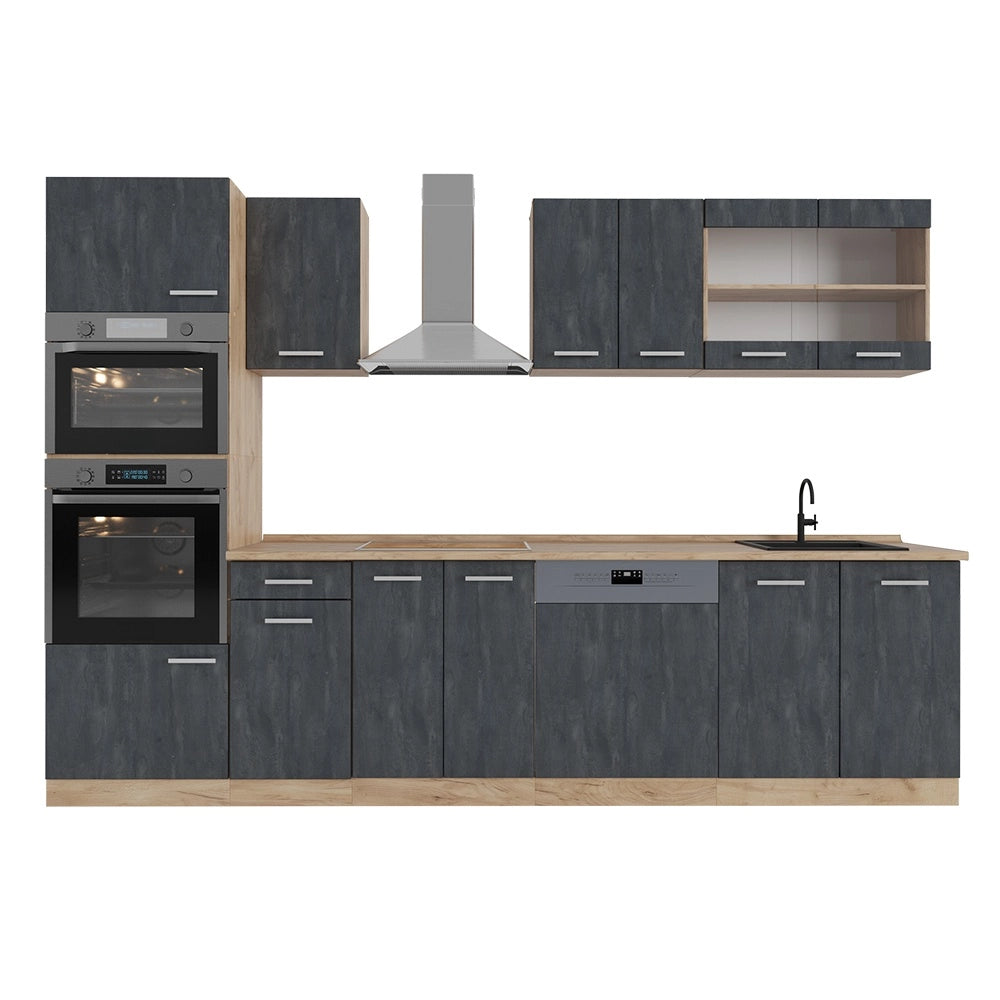Cucina componibile R-Line Calce nera/Rovere dorato 300 cm senza piano di lavoro Vicco