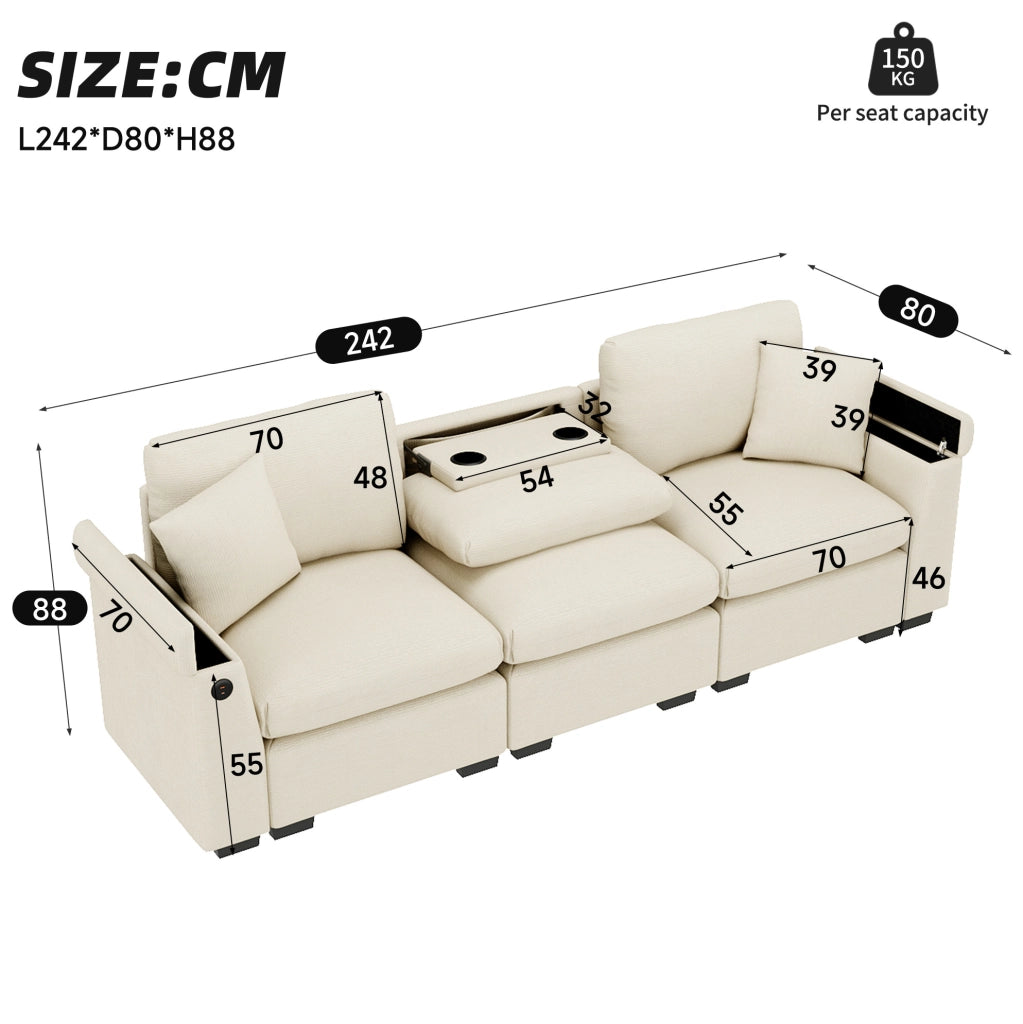 Divano 3 posti 242x80x88 cm con tavolino ribaltabile; USB; porta bicchieri e spazio contenitore in chenille beige