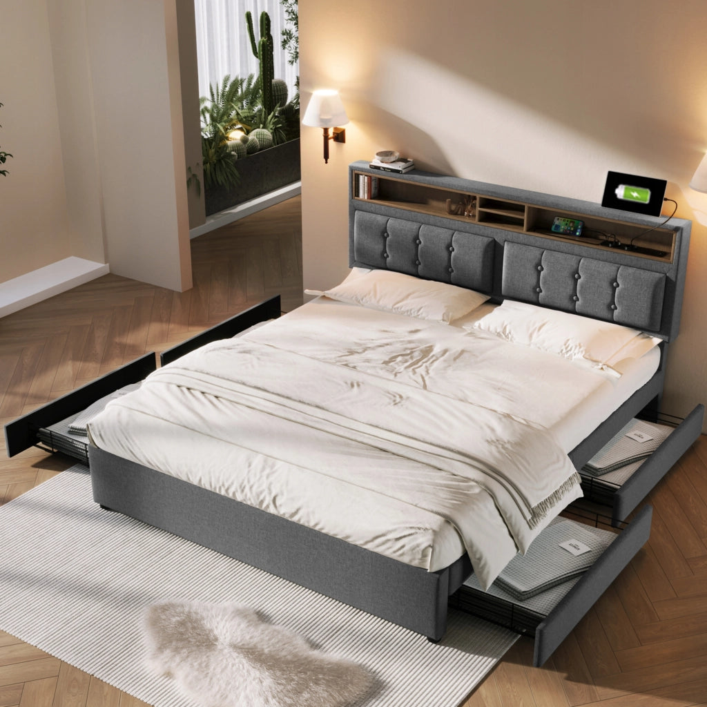 Letto imbottito con 4 cassetti e USB - Xylo - 160x200 - Testiera regolabile
