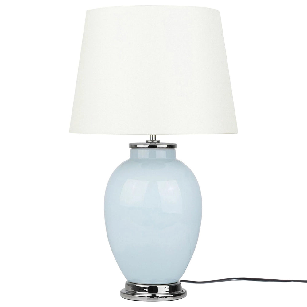 Lampada da Tavolo Comodino Base in Ceramica Azzurro Paralume Impero Rotondo paralume in policotone Bianco