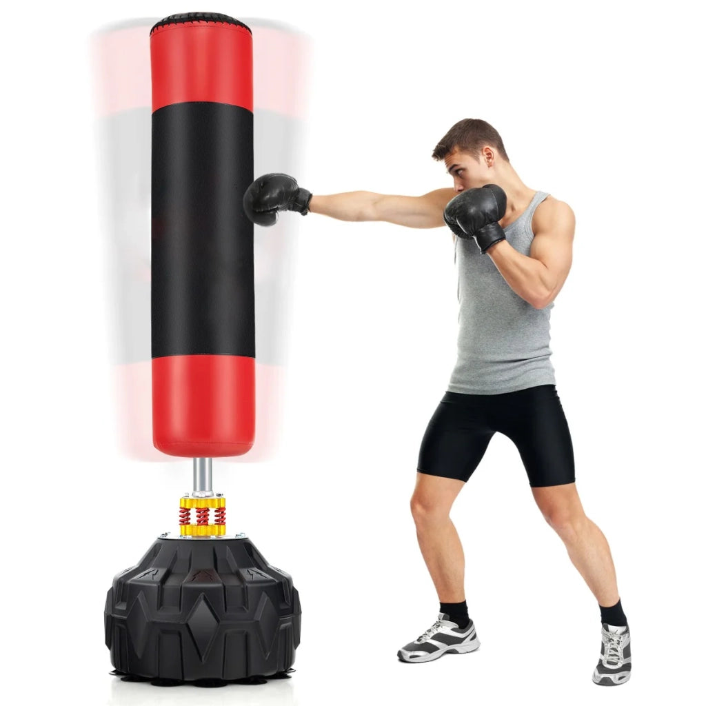 Sacco da boxe autoportante 178 x 50,5 cm per un allenamento silenzioso e ammortizzante in similpelle nera e rossa 20_0013389