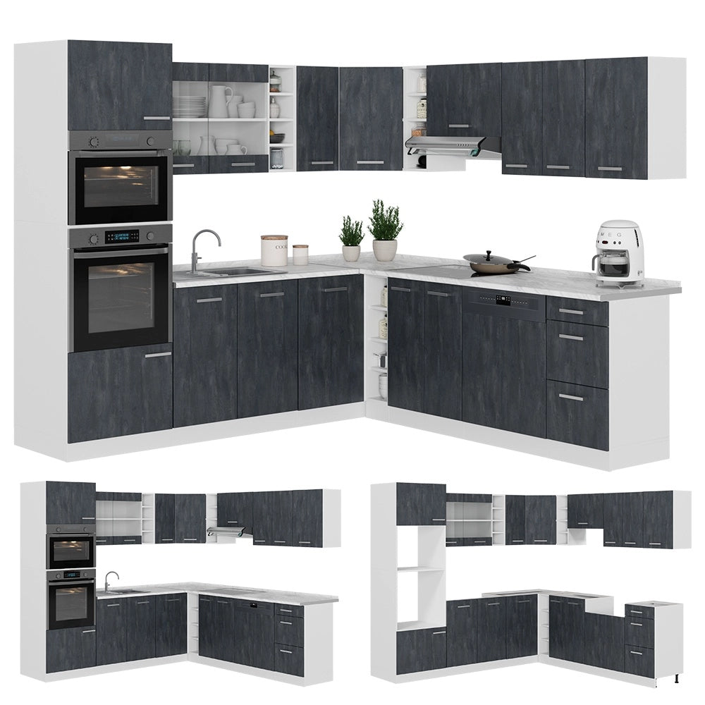 Cucina angolare completa R-Line Calce nera/Bianco 247 x 237 cm PL Marmo Vicco