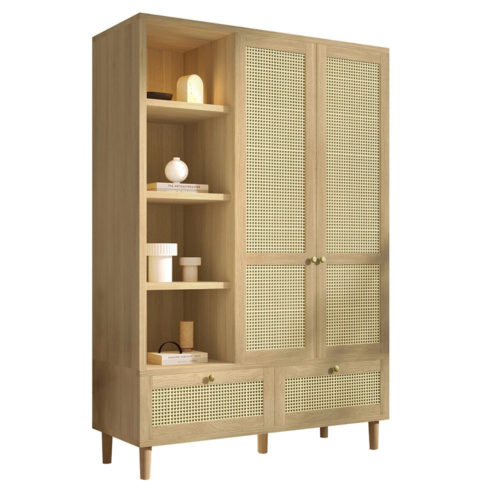 Armadio guardaroba con 2 ante e intreccio in rattan - Xylo - Stile cottage aspetto quercia, 2 cassetti, antiribaltamento, 180x120x50 cm