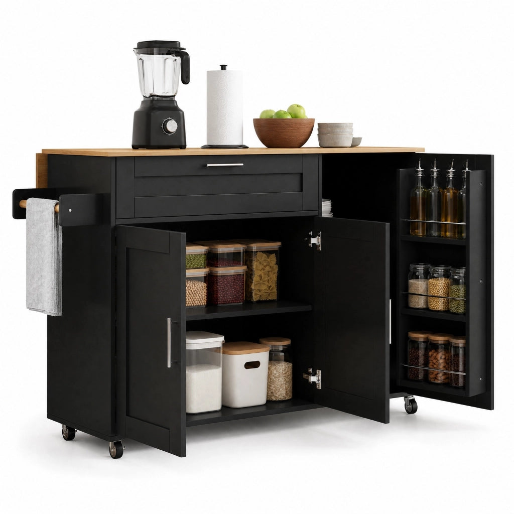 Carrello cucina mobile con piano pieghevole 132,5x44(70)x90 cm, effetto quercia, 5 ruote, MDF, nero/naturale