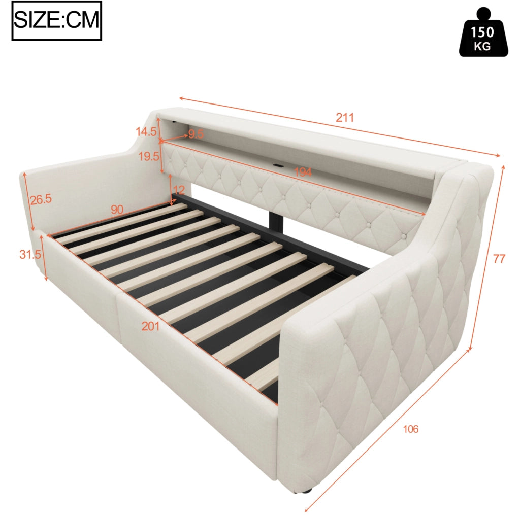 Daybed 90x200 cm con contenitore idraulico, LED e porte USB/USB-C