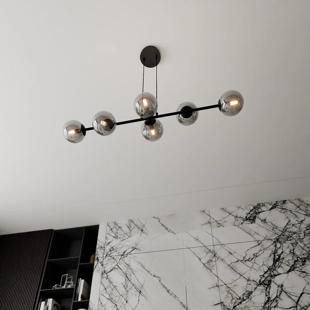 Lampadario Contemporaneo 6 Luci Durga In Acciaio Nero E Sfere In Vetro Fumè