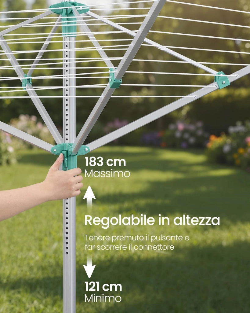 SONGMICS Stendibiancheria a Ombrello, Stendino da Esterno, Altezza Regolabile, Lega di Alluminio, Ancoraggio al Suolo, con Copertura, Clip, Argento e Verde, 50 m di Filo, per 5 Lavaggi LLR301E01V1