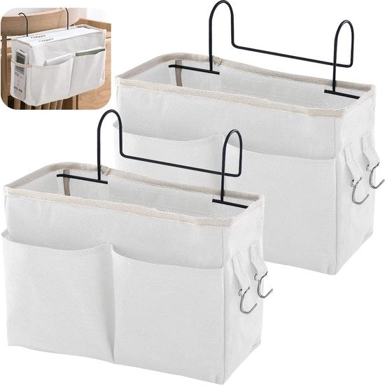 Organizzatore di cassetti, 2 pezzi Borse da letto con appendiabiti per deposito multifunzionale con ganci per libri, riviste, cuffie (Bianco)