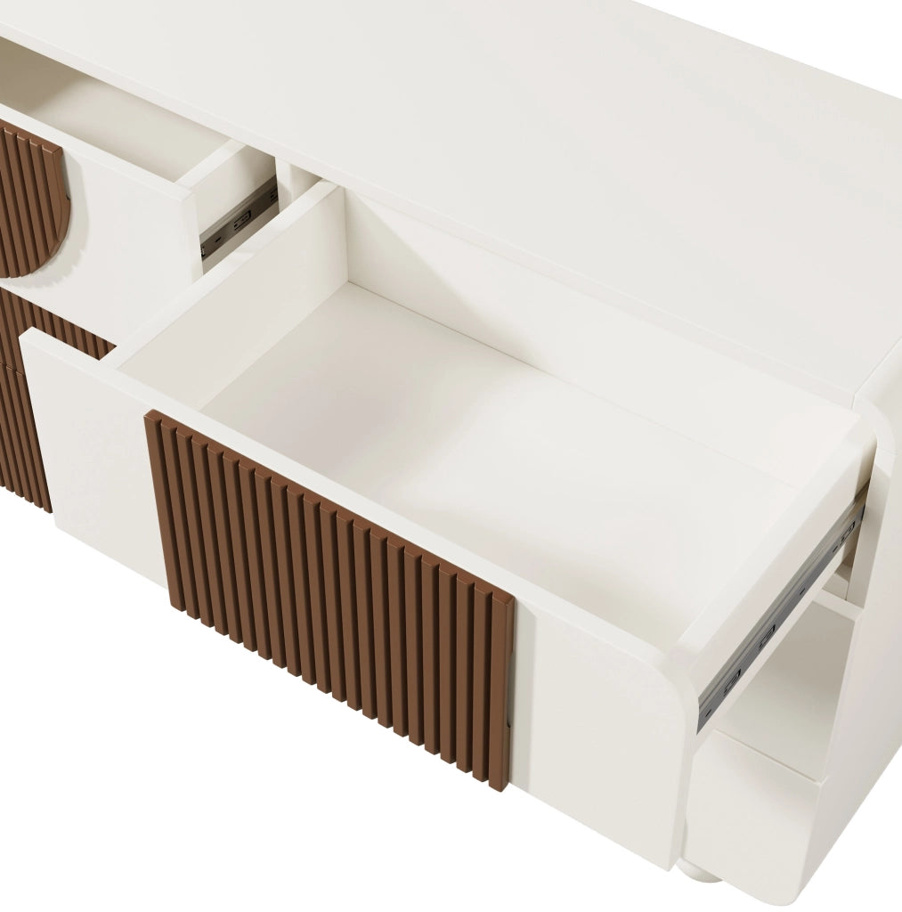 Cassettiera 121x41x71 cm con 6 cassetti; design curvo in MDF e legno bianco