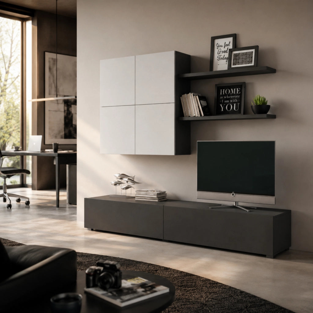 Mobile Soggiorno Parete Attrezzata Con Base TV 2 Ante Pensile 4 Ante E 2 Mensole Design Contemporaneo In Melaminico Facile Da Pulire 200 X 194 X 40 Cm Bianco E Grigio Grafite
