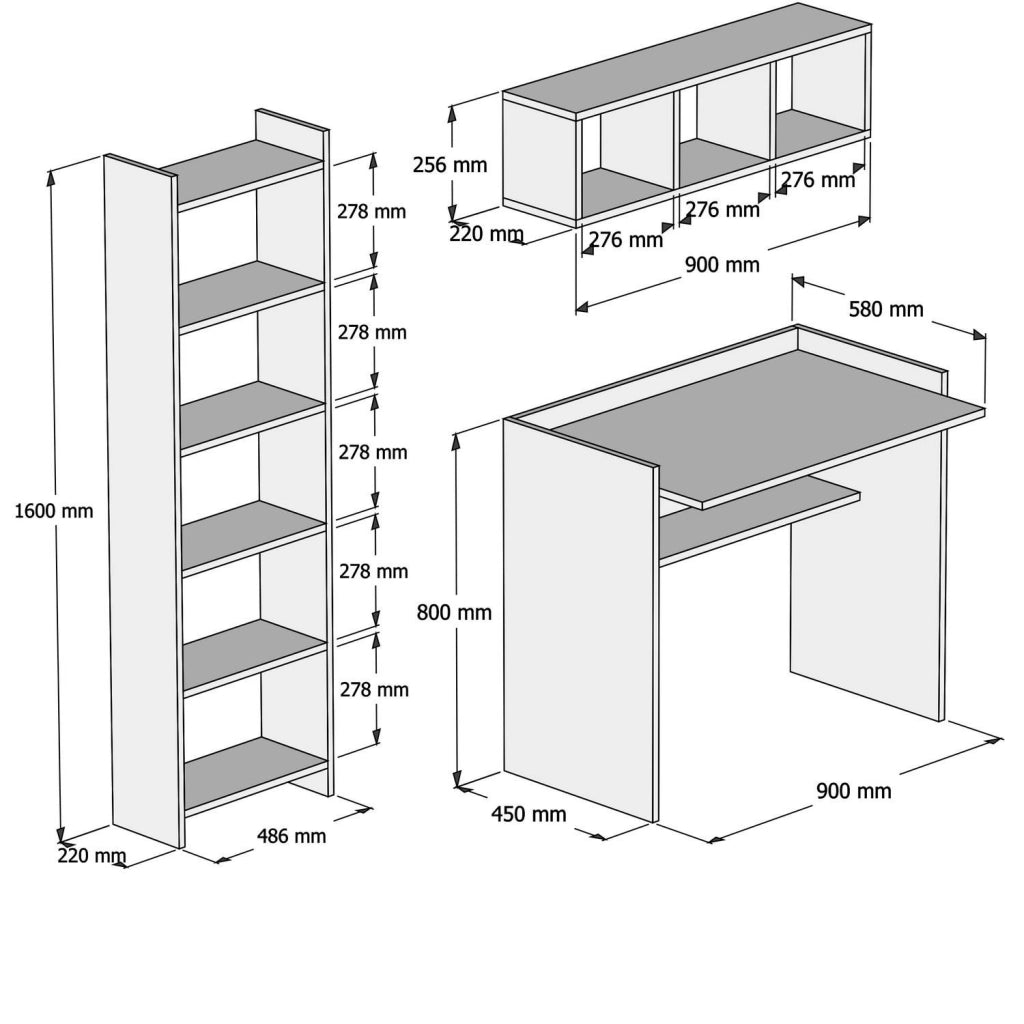 Scrivania in legno "Matilda" con libreria e mensola a muro - 90 x 58 x 80 cm - Bianco