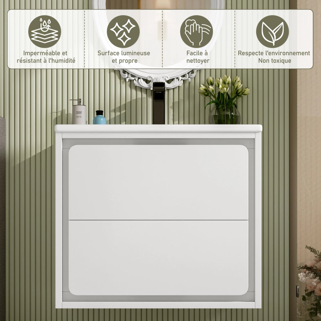 Mobile sottolavabo da bagno con lavabo in ceramica, 2 cassetti, LED con sensore radar, per bagno, bianco 60 × 46 × 50 cm