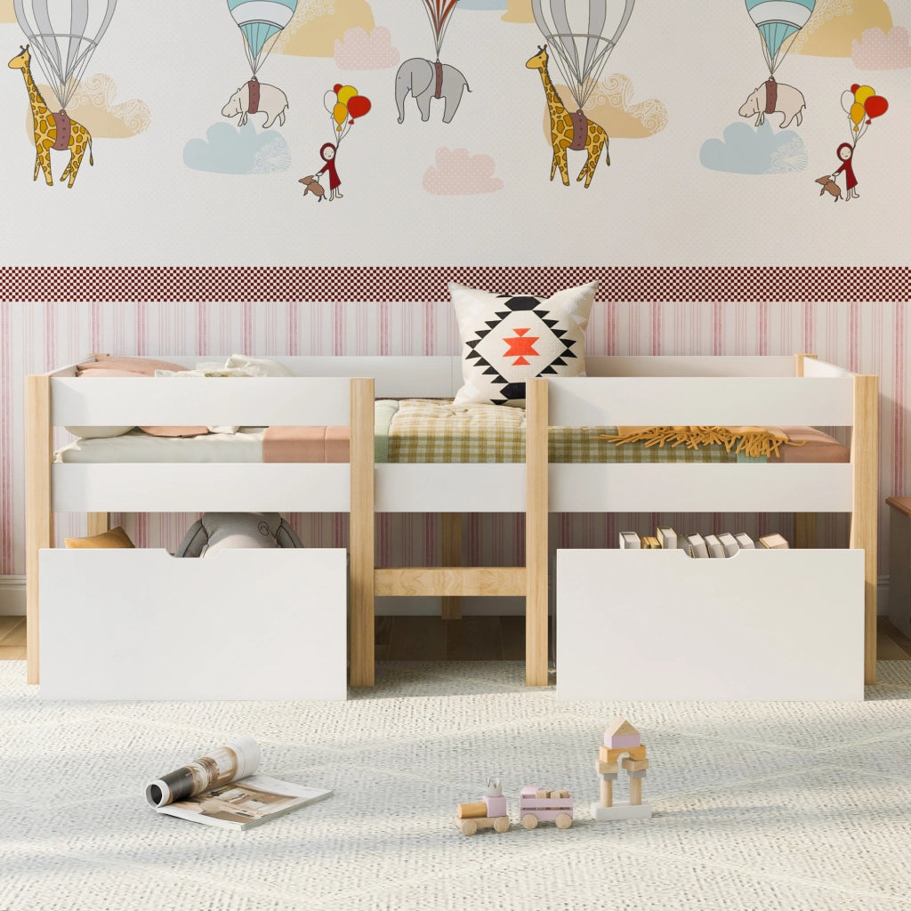Letto a soppalco basso per bambini con cassetti e protezione anticaduta