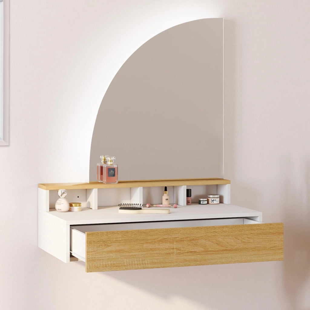 ZELIA, tavolo da toilette sospeso con specchio LED, 4 nicchie, 1 cassetto, legno e bianco
