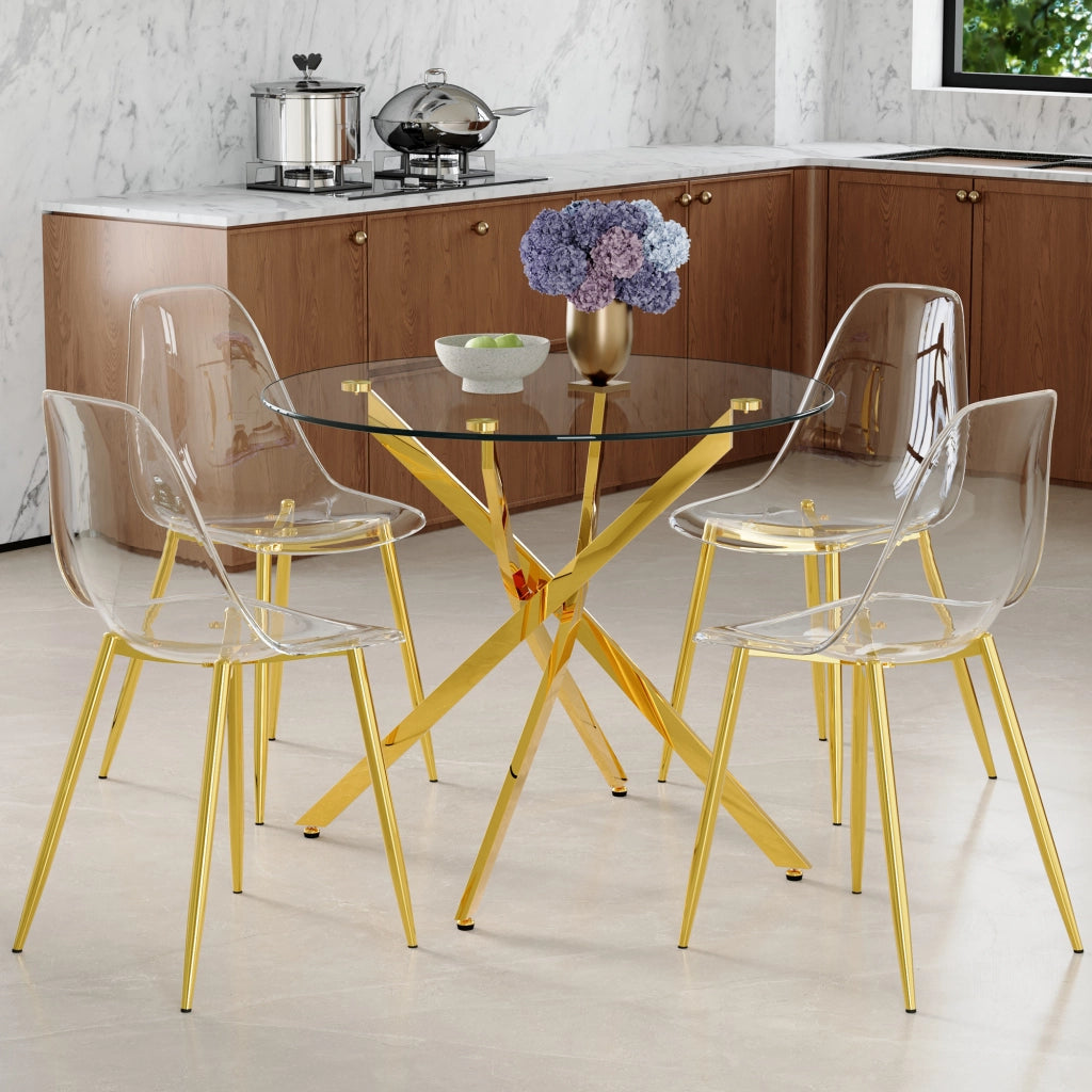 Set tavolo da pranzo e sedie con 1 tavolo rotondo e 4 sedie; vetro temperato; metallo e plastica oro trasparente