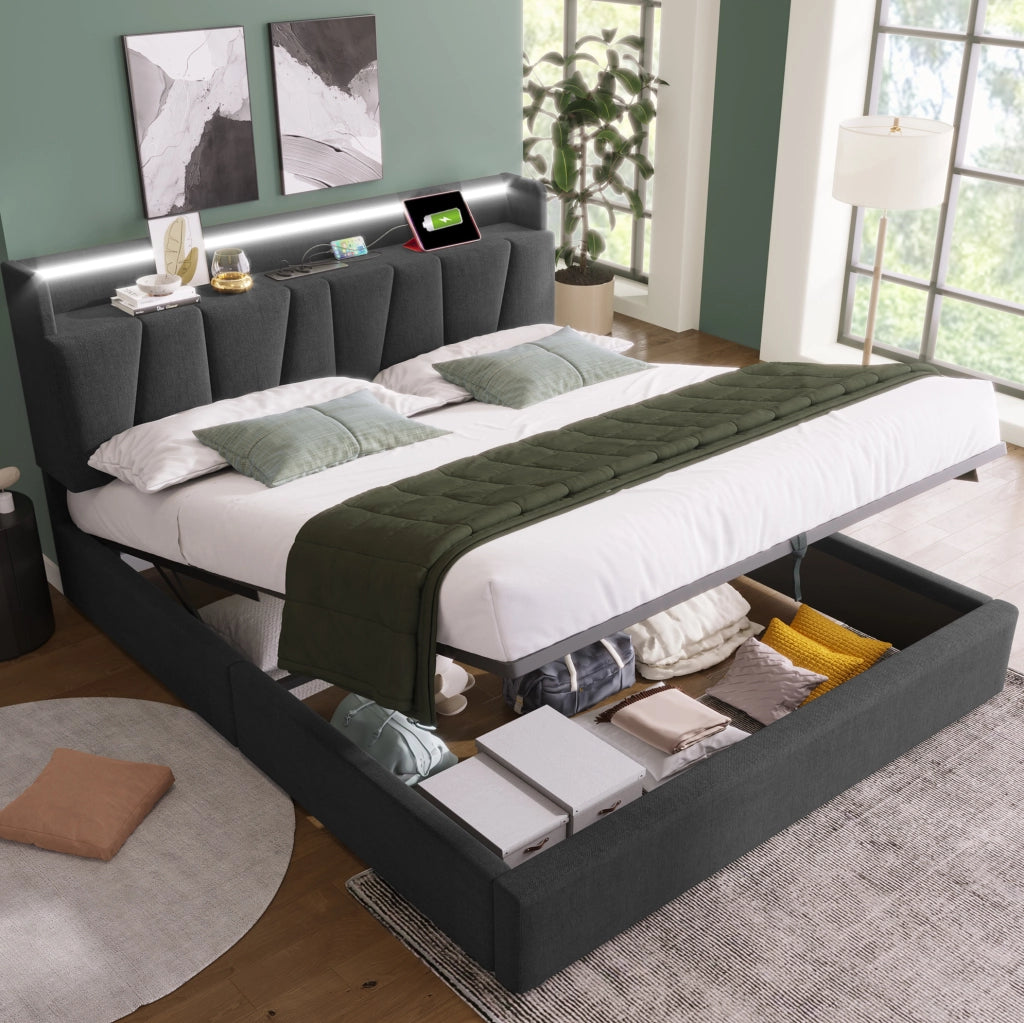 Letto matrimoniale imbottito 140x190 cm grigio in lino con testiera contenitore; prese USB e LED RGBW