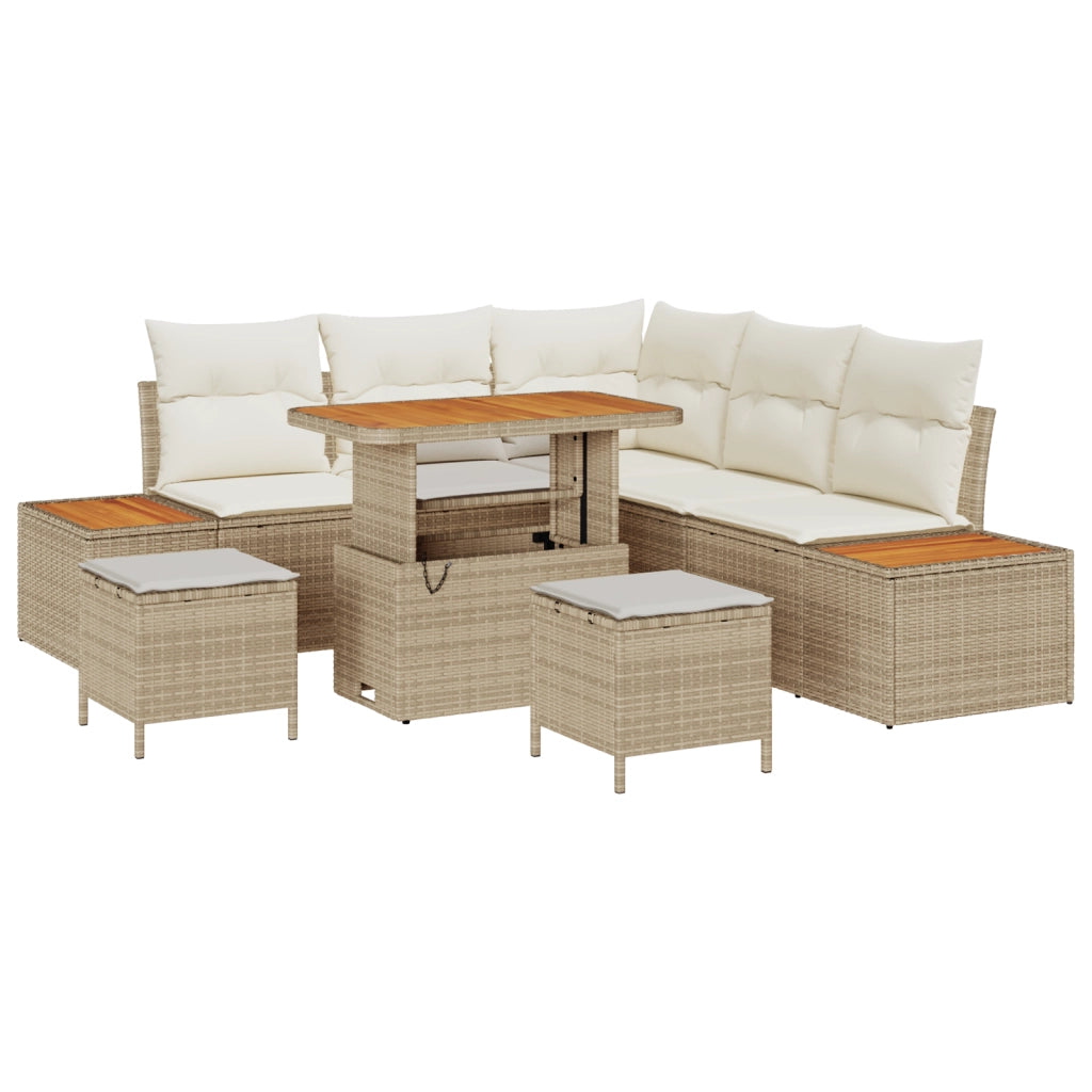 Set di Divani da Giardino con Cuscini Beige Polyrattan Acacia 8 Pezzi