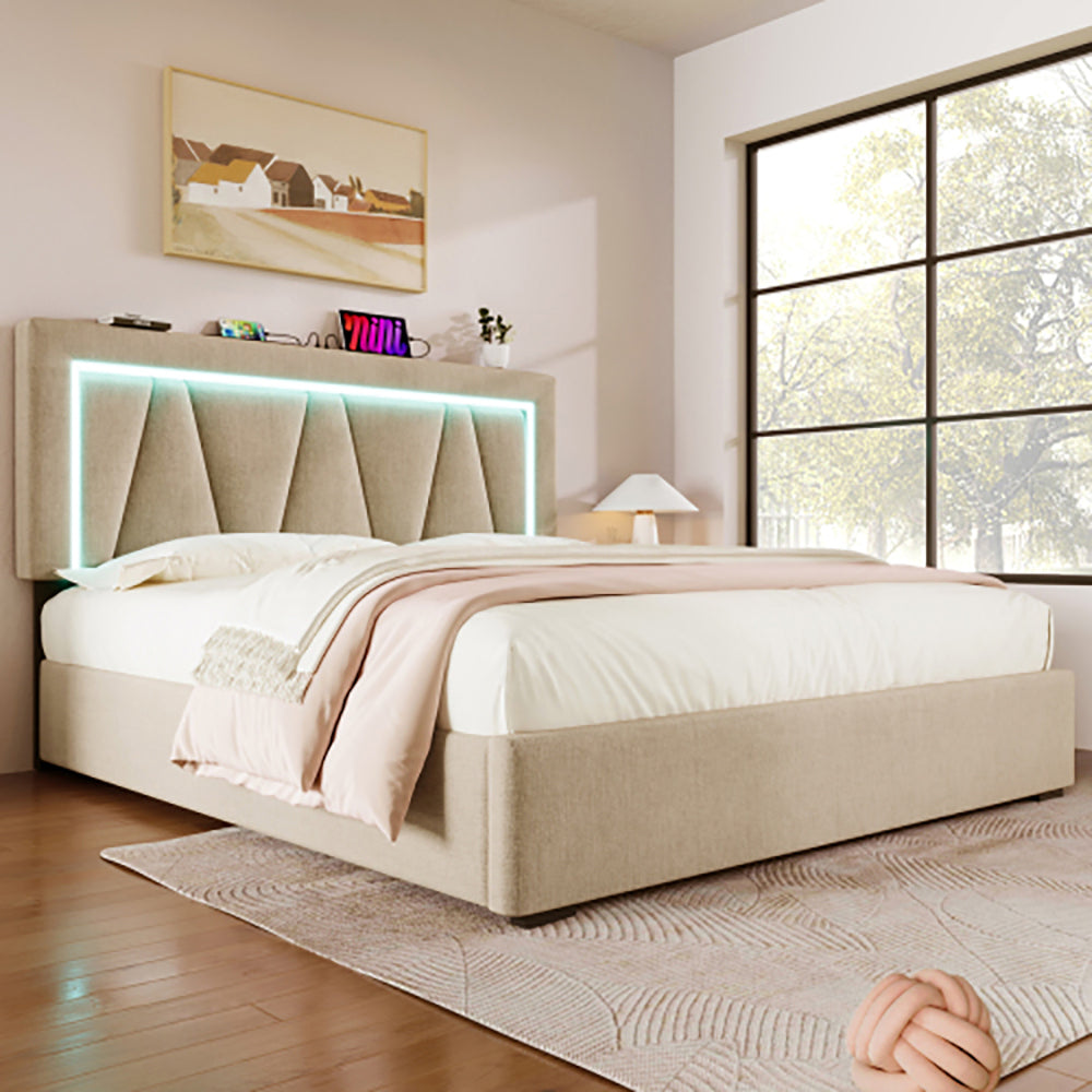 Letto matrimoniale con cassetti e LED - Xylo - 160x200 cm - Beige - Caricamento USB-C e illuminazione LED