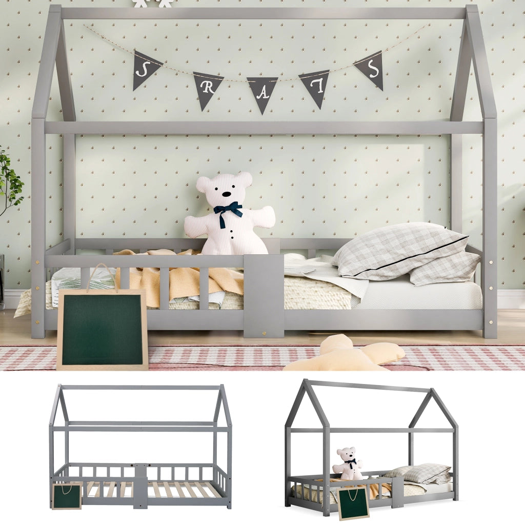 Letto Casetta 90×200 cm; Letto Singolo con Sponda di Sicurezza e Lavagna; senza Materasso; Grigio