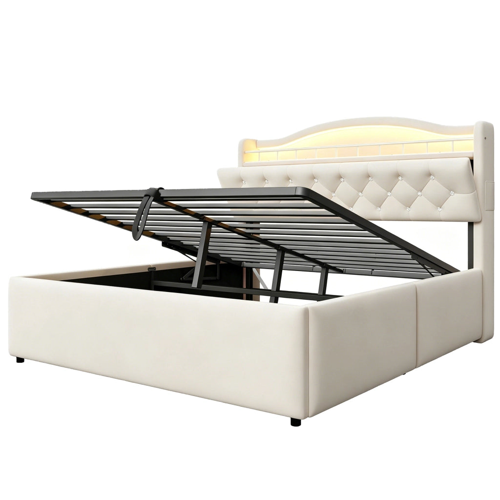 Letto imbottito beige 140x200 cm con contenitore idraulico; LED; USB e USB-C