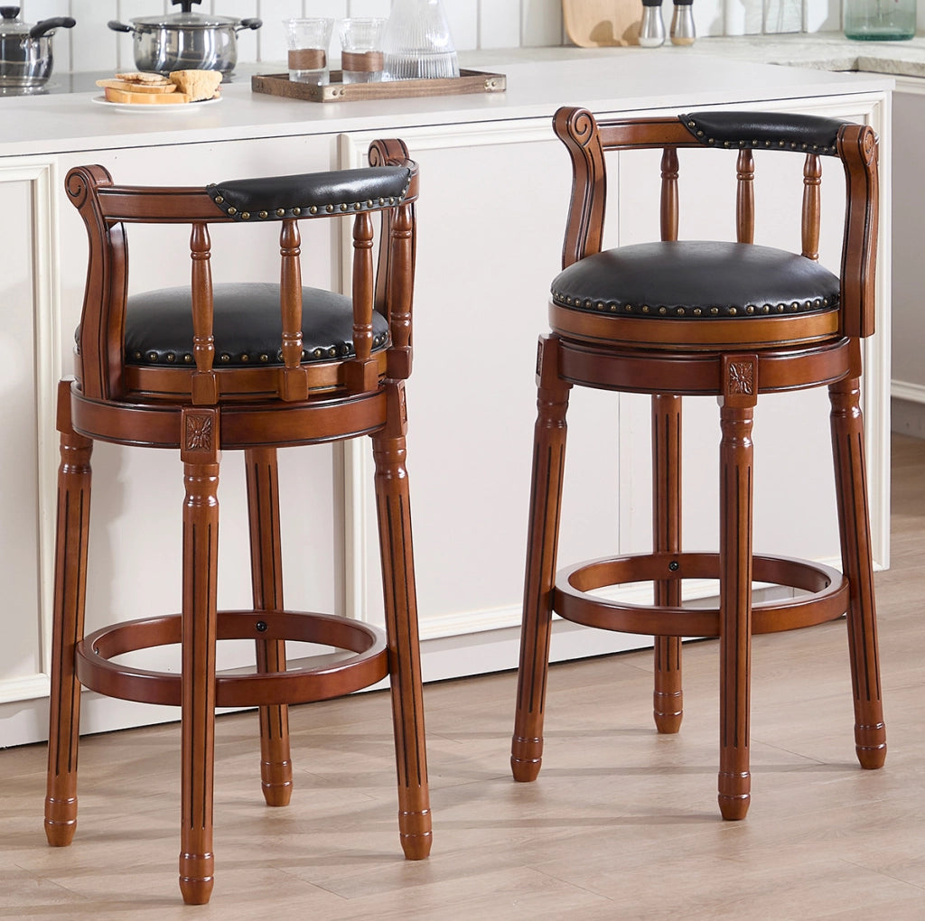 Sgabello da bar girevole 55x55x34 cm con schienale curvo in pelle e legno nero