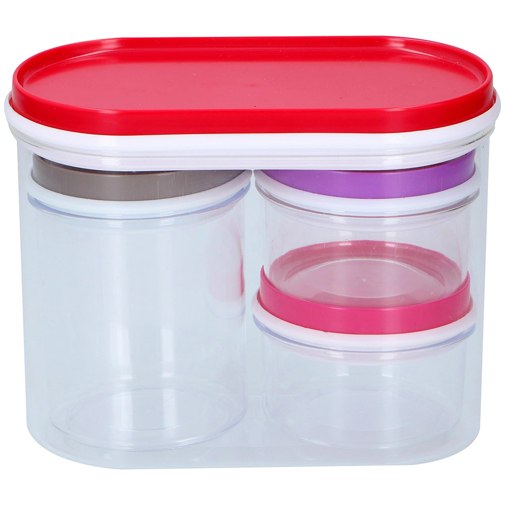 Set 4 Barattoli Contenitori in Plastica Trasparente Tappi Colorati 90/230/970 ml