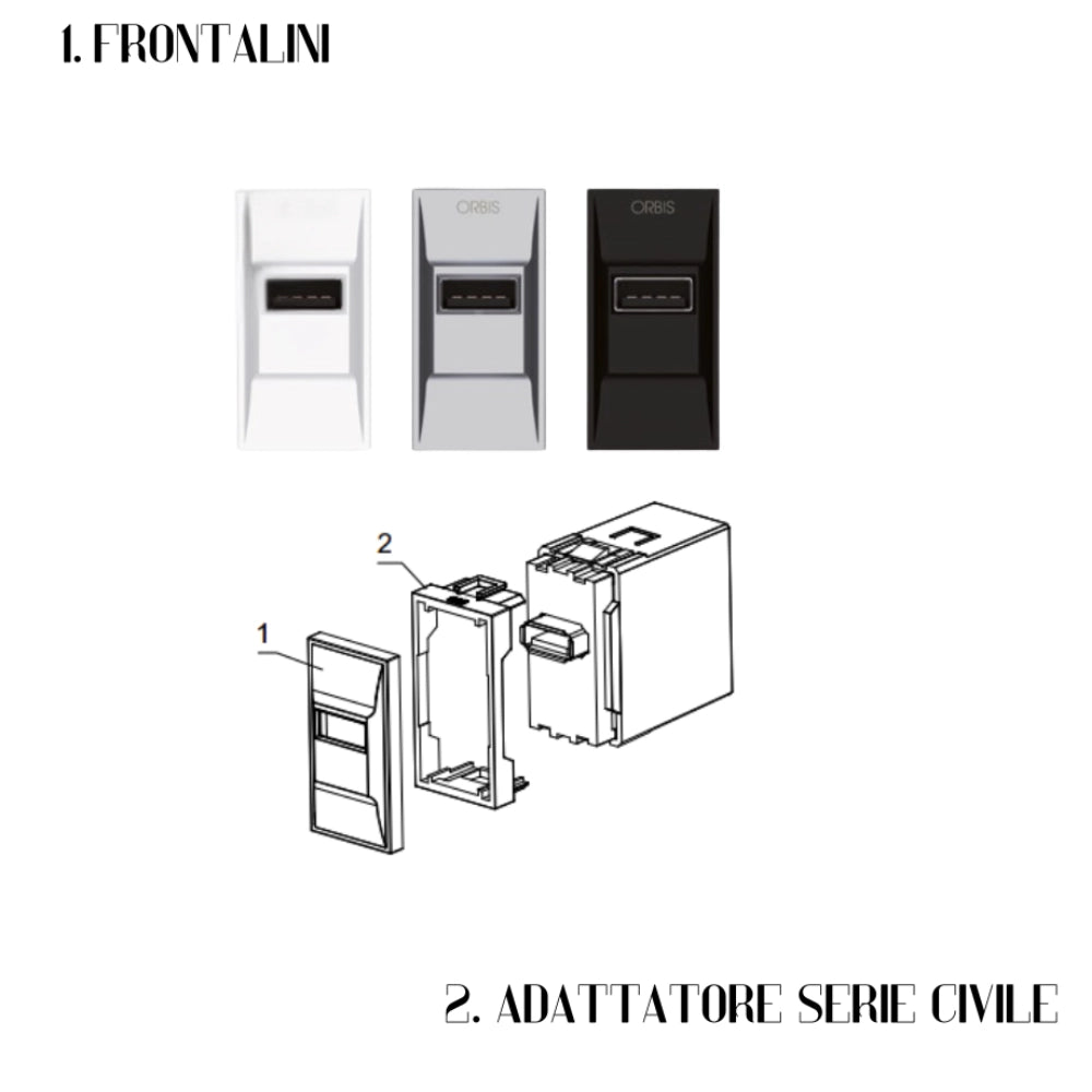 Orbis minicarg alimentatore usb da incasso 5vdc 2.1a max 1 modulo din 230v
