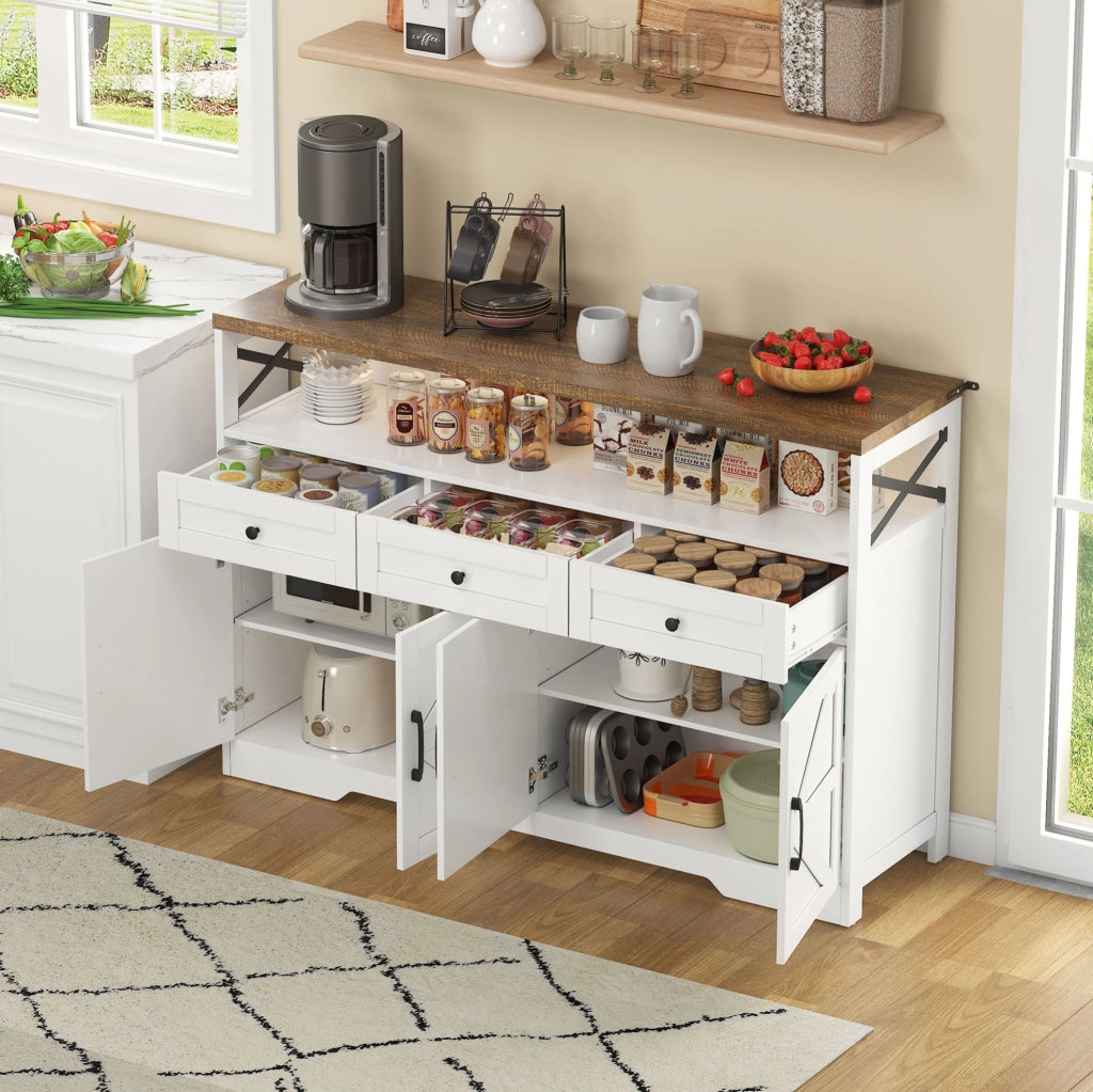 Buffet 140 cm in stile rustico con 3 cassetti, ante e ripiani in MDF bianco e marrone