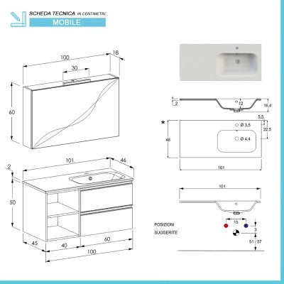 Mobile bagno sospeso 100 cm grigio cemento con cassetti e vani a giorno completo di lavabo a destra e specchio contenitore Master