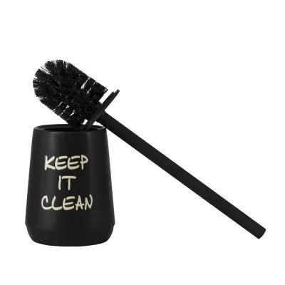 Portascopino da appoggio linea Wash in ceramica nero opaco con scritte