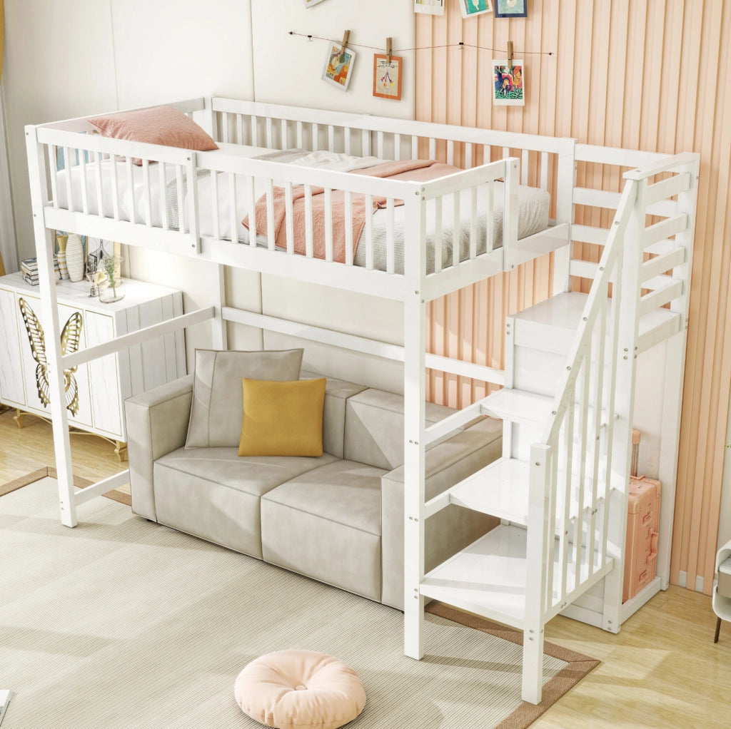 Letto a soppalco 90x200 cm bianco con scala e armadio