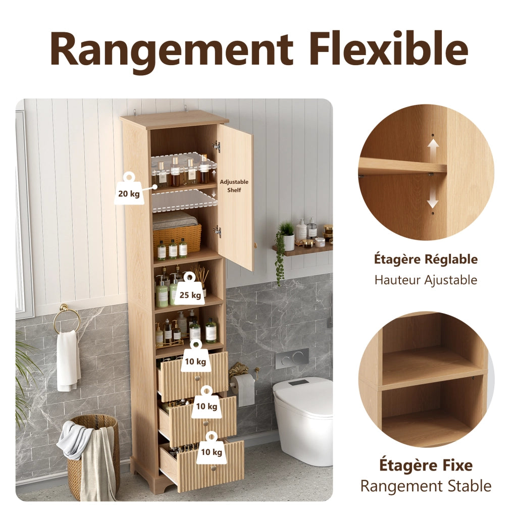 Armadietto da bagno con 3 cassetti, anta e 2 vani aperti, ripiano regolabile, in MDF naturale, 40 × 30 × 172 cm