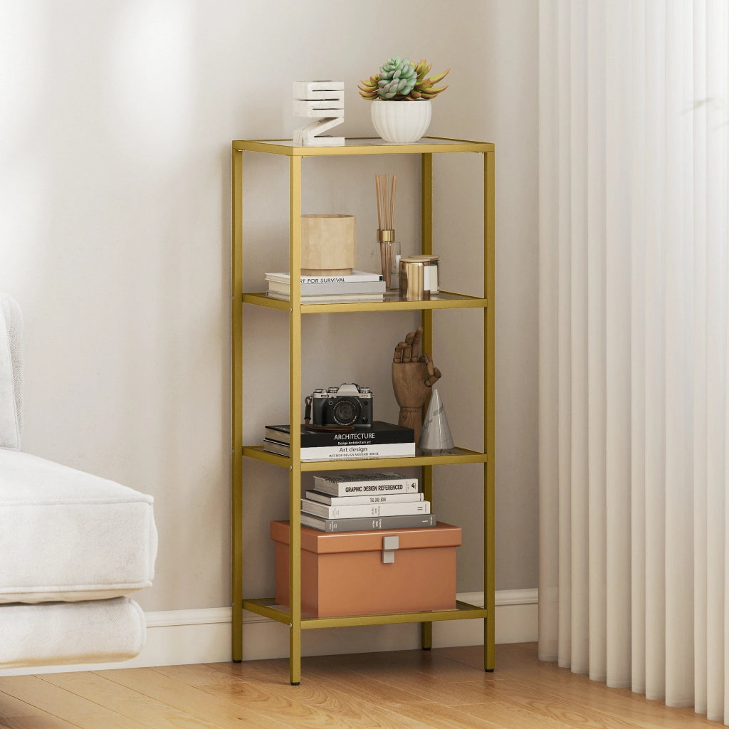 Mobiletto Scaffale a 4 Livelli Minimal in Metallo e Vetro Temperato, 40x30x96.5 cm, color Oro