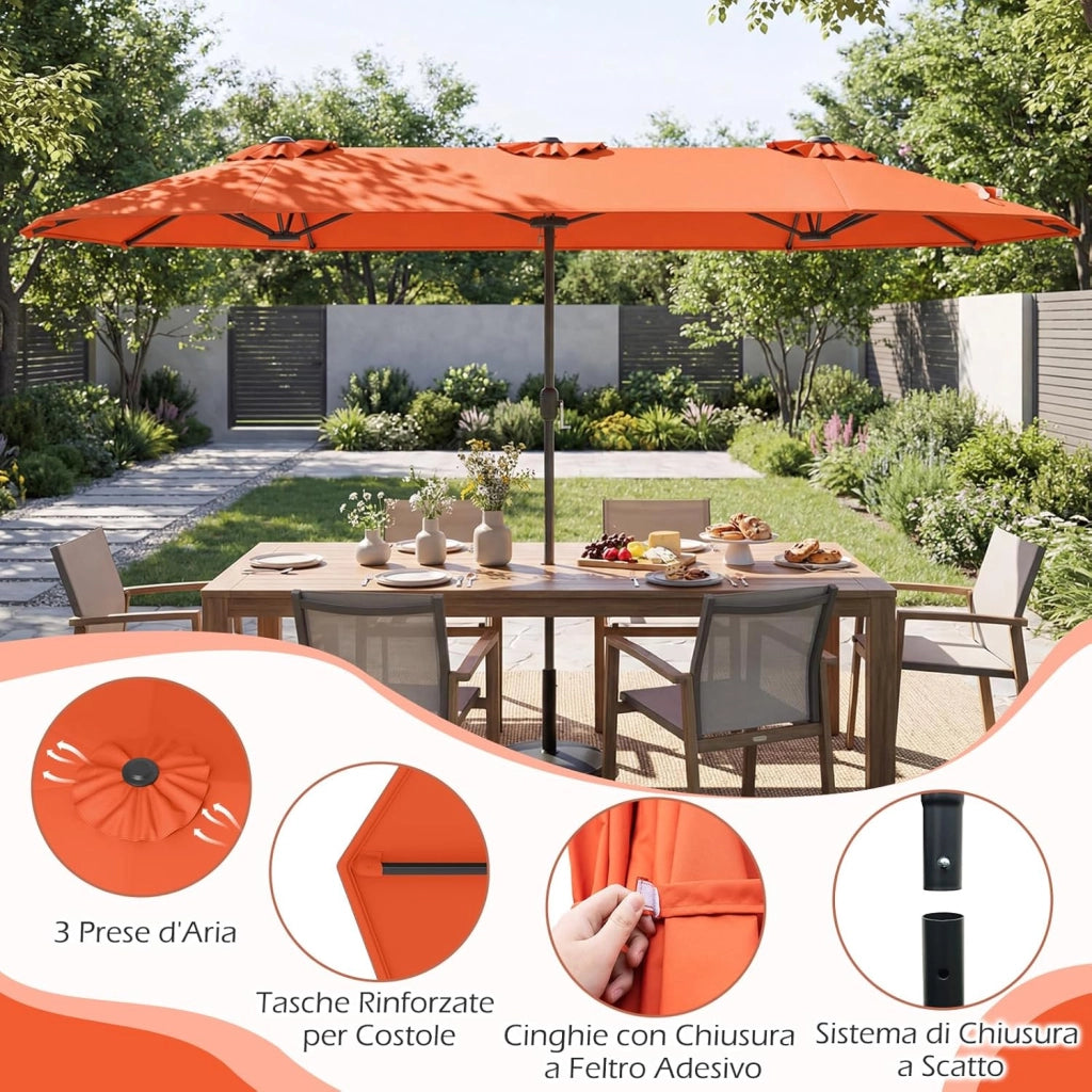 Ombrelloneda Giardino Doppio 400 x 200 cm, Ombrellone Rettangolare con Base, Anti-UV, con Manovella e 12 Stecche, per Giardino Piscina Patio (Arancione)