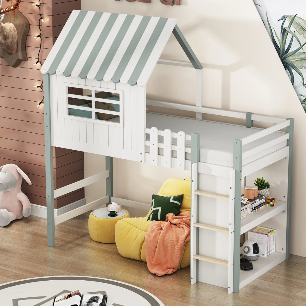 OKWISH Letto a Casetta 90×200 cm, Letto Singolo con Scala di Sicurezza, Contenitore e Sponda 30 cm, senza Materasso, Verde