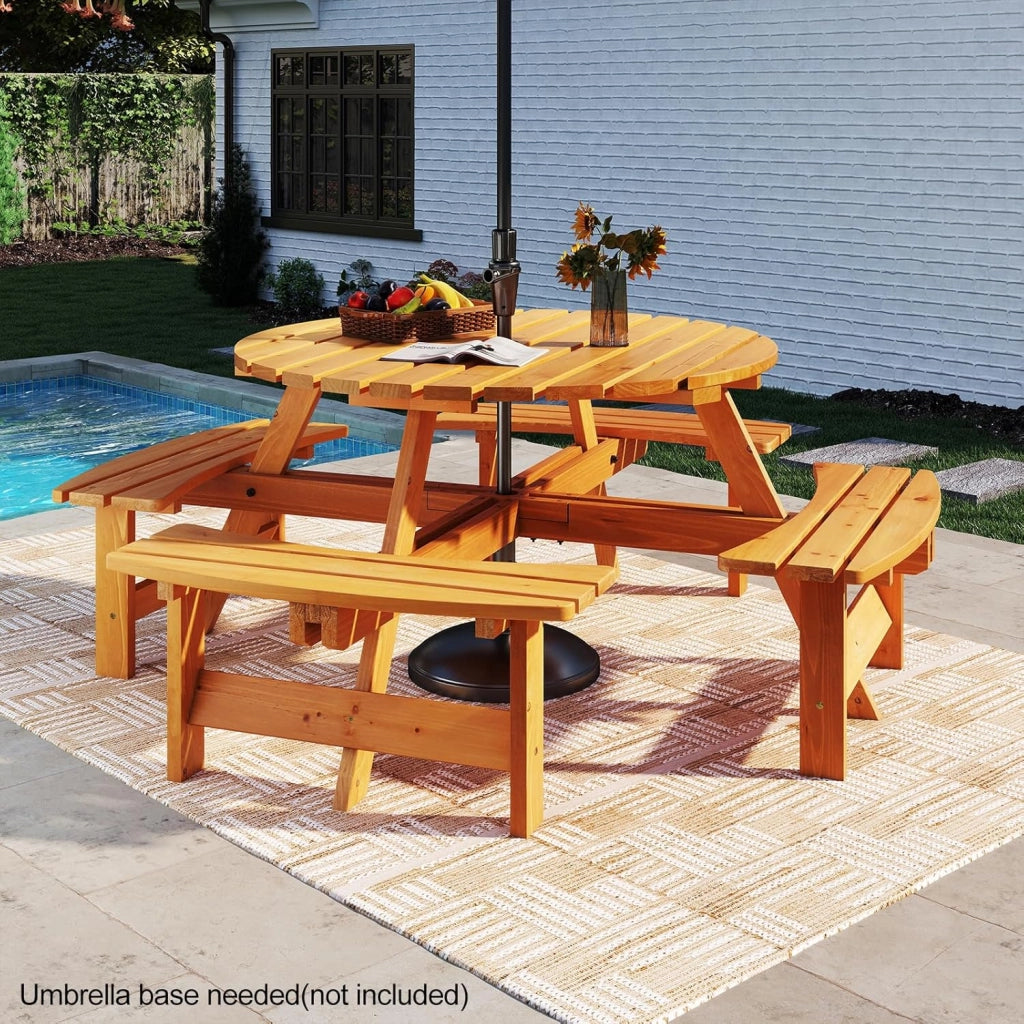 Set da Giardino per 8 Persone in Legno di Abete, Tavolo con Sedie Integrato e Foro per Ombrellone, Mobili da Esterno per Terrazza, Cortile e Pic-Nic, 178 x 70 cm