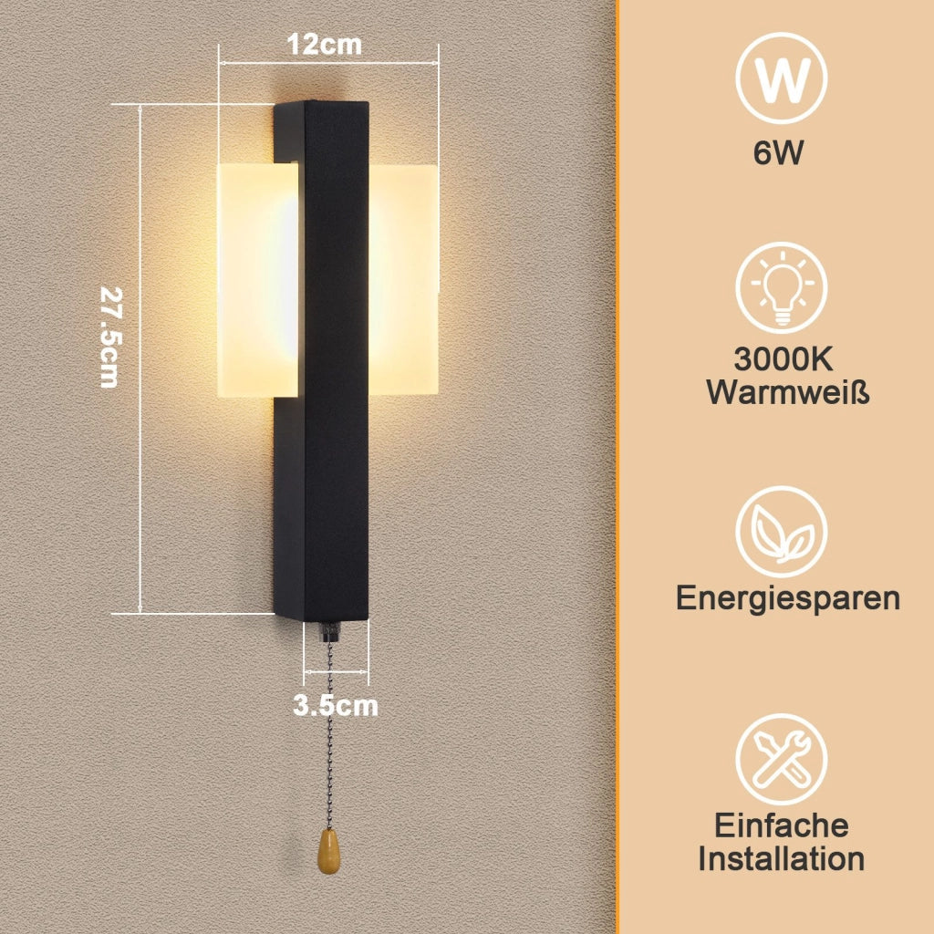 ZMH Applique da parete moderna a LED per interni nera con interruttore a tirante 3000K 6W