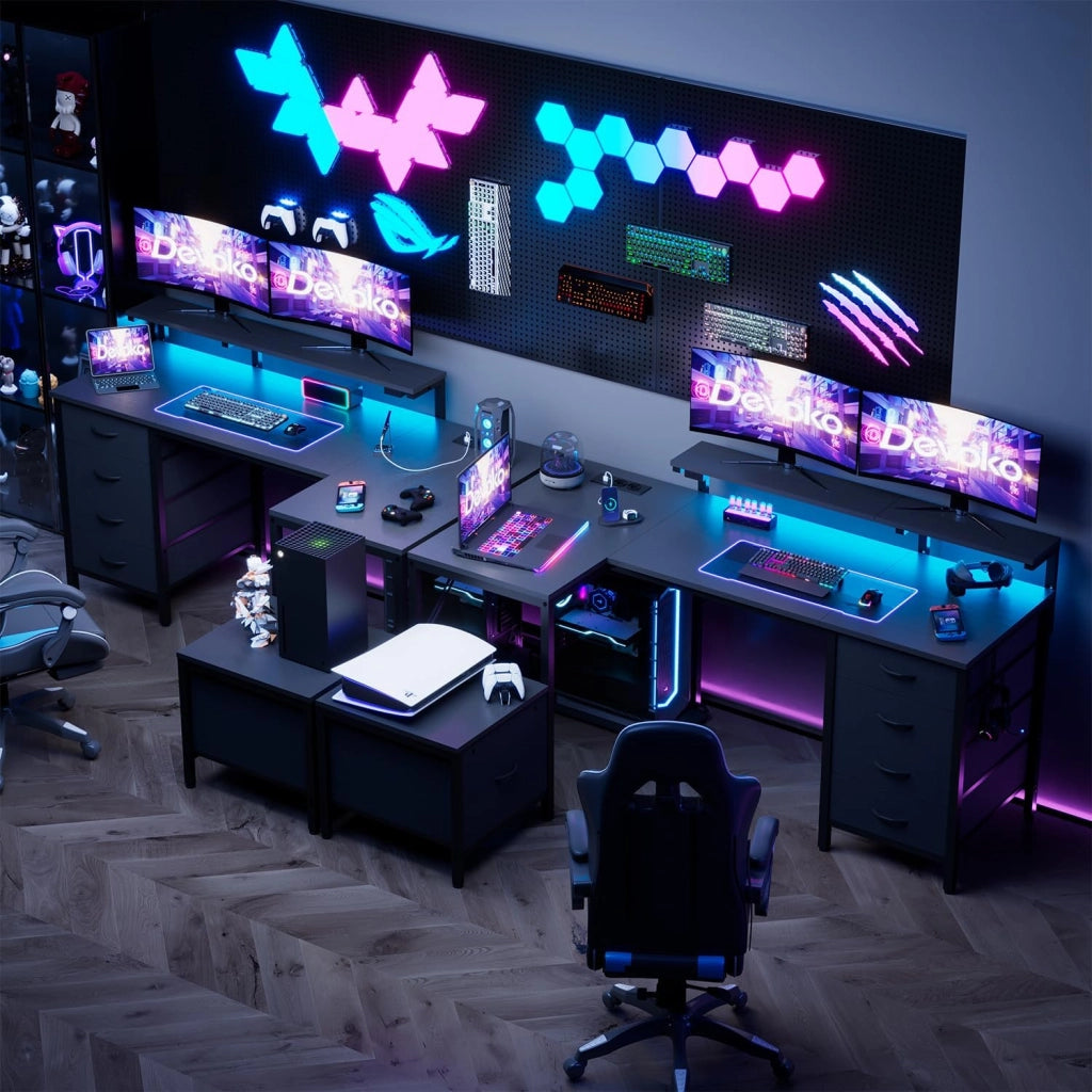 Scrivania Gaming Angolare Con Led E Prese,160 x 120 cm Tavolo Gaming Con 3 Cassetti In Tessuto, Scrivania Angolare Con Supporto Per Monitor Per Casa Ufficio, Nero