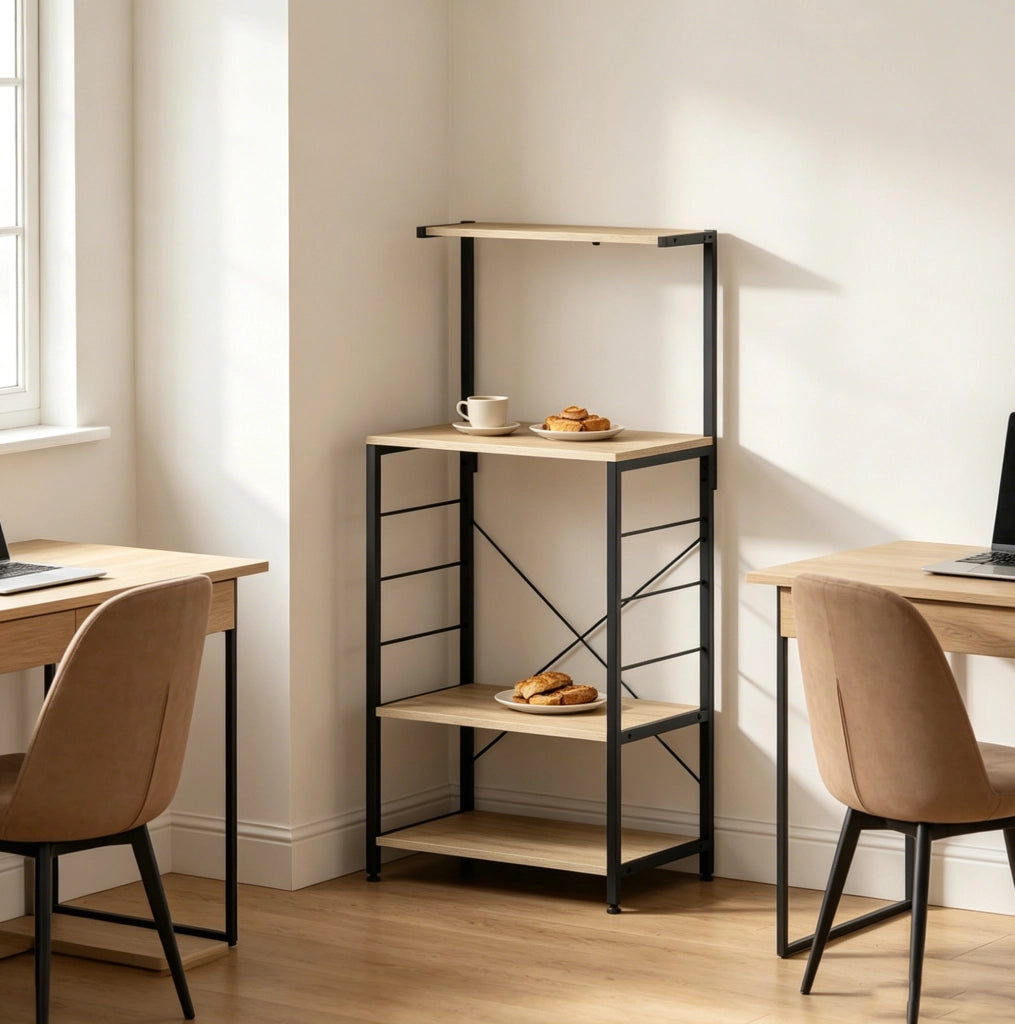 Scaffale da Cucina in Legno e Acciaio Nero 60x123x40 cm con 4 Ripiani e Ganci Laterali