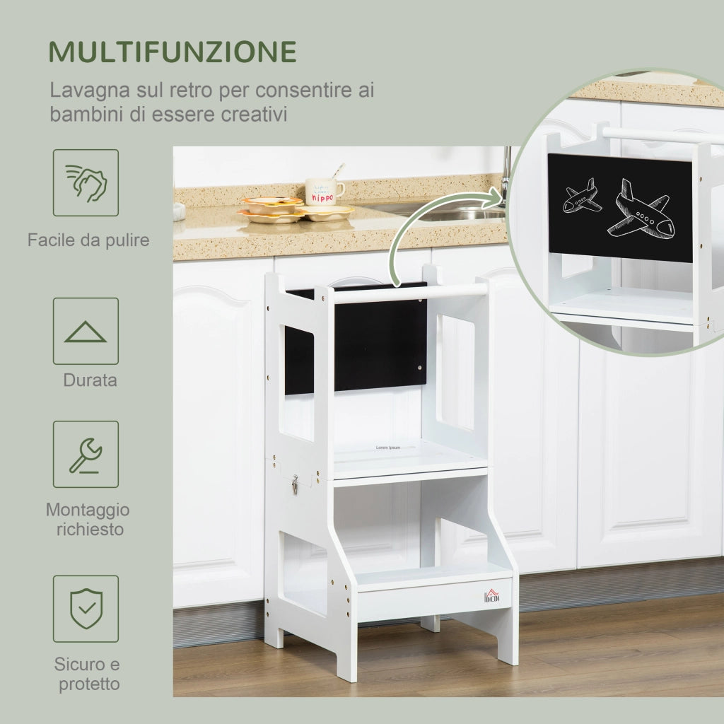 Scala Montessori 2 in 1 con Sgabello e Lavagna ¨C Xylo ¨C MDF Bianco per Bambini 3-6 Anni