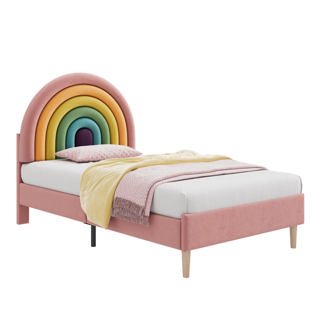 Letto imbottito 90x200 cm in velluto rosa con testiera regolabile e rete a doghe