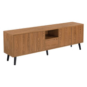 Mobile Porta TV con 5 Ante e 1 Scomparto, Apertura Push-to-Open Mobiletto Multiuso per Camera/Ufficio Armadietto su Piedini in Legno Massiccio Consolle 140x30x45,5 cm - Effetto Legno Scuro