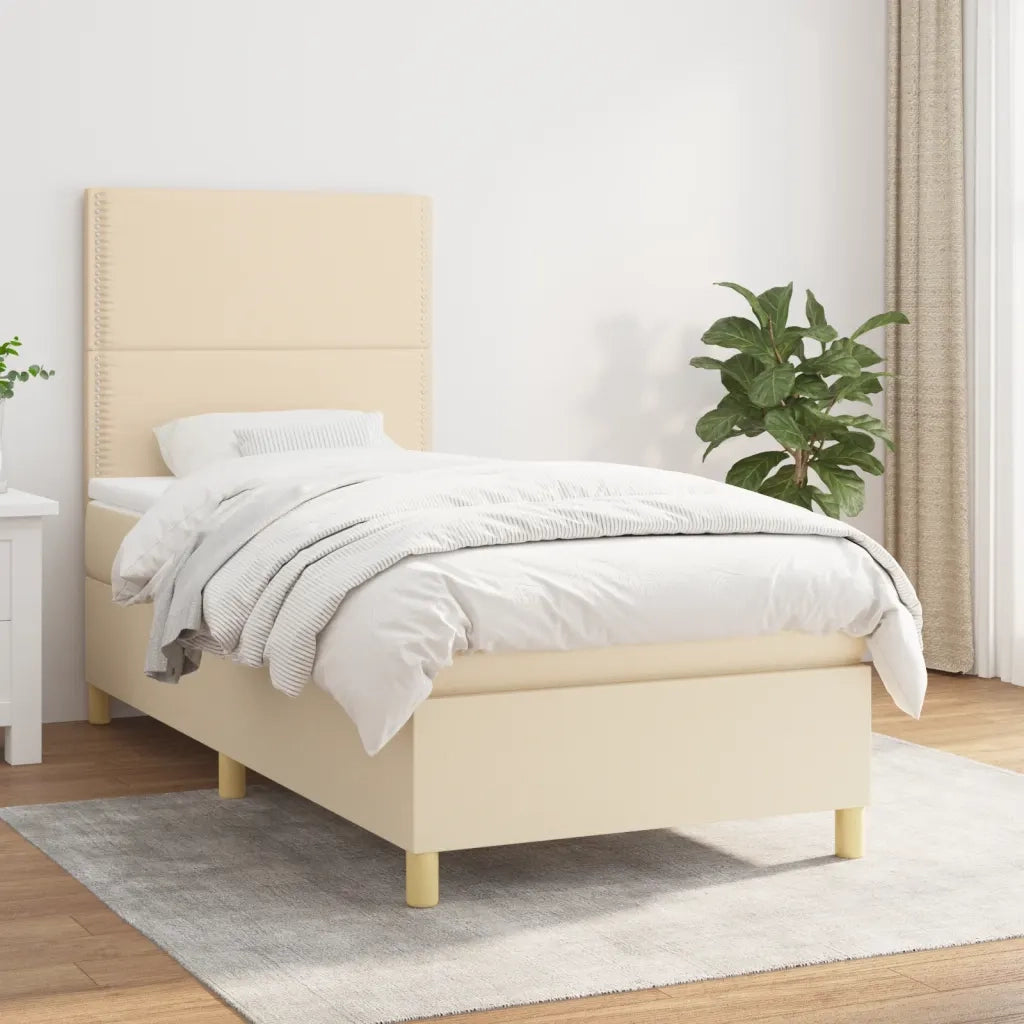 Letto singolo | Letto per adulti | Giroletto a Molle con Materasso Crema 90x190 cm in Tessuto