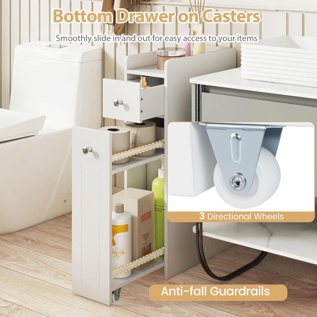 Mobiletto Bagno Salvaspazio, Stretto, 18x40x70cm, con Cassetto, Porta Carta Igienica, Scaffale Scorrevole con Ruote, Armadietto Bagno, Carrello, Piccolo, Moderno, in Legno (grigio)