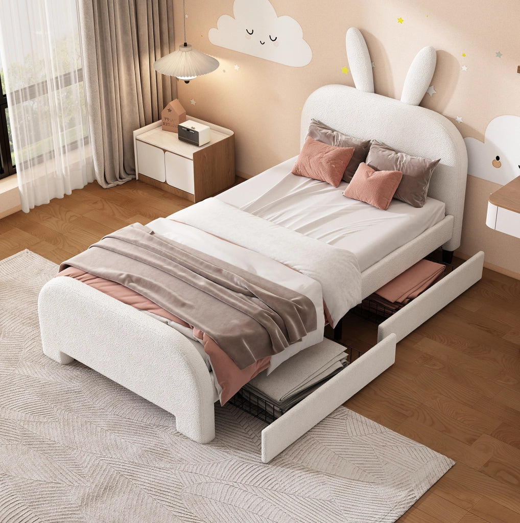 Letto singolo imbottito a coniglio 90x200 cm con 2 cassetti