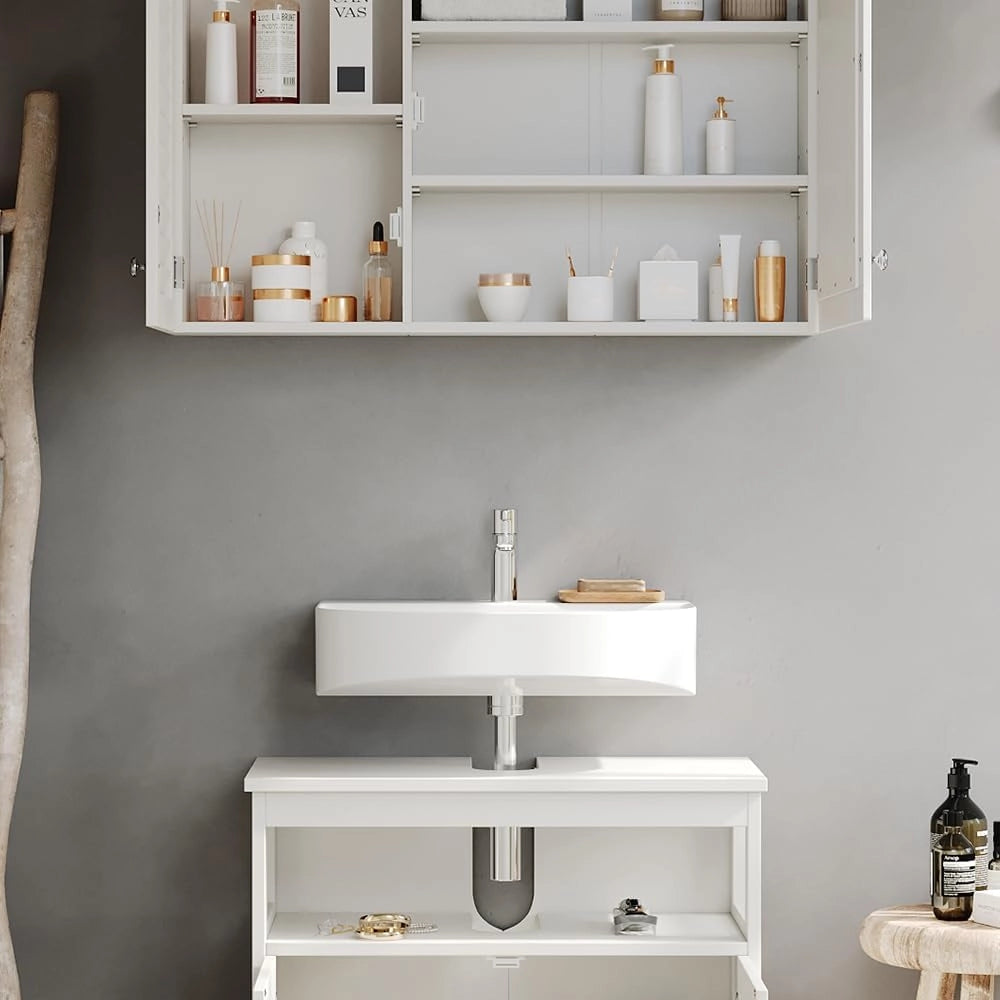 Set di mobili da bagno Riad, Bianco, 60 cm, composto da specchio da bagno e mobile sottolavabo