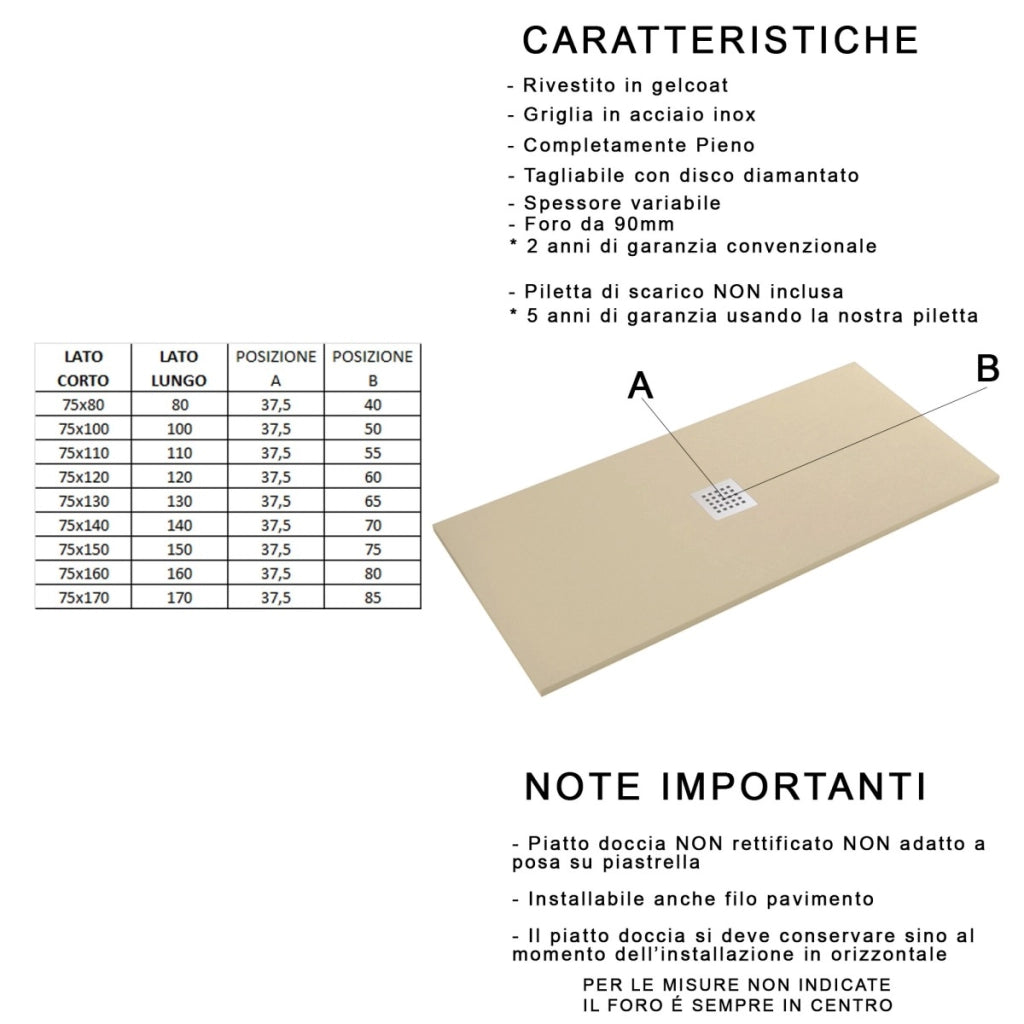 Piatto doccia in marmo resina effetto pietra con foro centrale crema chic, misura 75x150