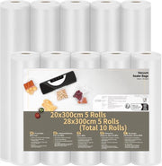 Sacchi a vuoto 10 rolli - Pellicola a vuoto 20/28 x 300 cm - Senza BPA - Resistenti e resistenti alle abrasioni - Per alimenti - Durata di conservazione allungata