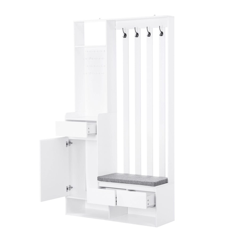 Mobile ingresso multifunzionale in MDF bianco con panca imbottita e pannello forato